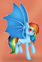 Size: 1587x2319 | Tagged: safe, artist:skashigame, derpibooru import, rainbow dash, bat pony, pony, race swap, rainbowbat, simple background, solo, spread wings, wings