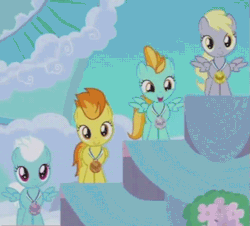 Size: 597x539 | Tagged: safe, derpibooru import, screencap, derpy hooves, fleetfoot, lightning dust, spitfire, pony, parental glideance, animated, cropped, female, filly, filly derpy, flashback, fridge horror, gif, medal, podium, the implications are horrible, time lapse, unfortunate implications, what the fuck hasbro, younger