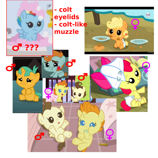 Size: 1200x1200 | Tagged: safe, derpibooru import, screencap, apple bloom, applejack, pound cake, pumpkin cake, rainbow dash, snails, snips, pony, parental glideance, baby, baby apple bloom, baby dash, baby pony, babyjack, colt, female, filly, foal, implications, male, mare, theory, trans girl, trans mare rainbow dash, trans rainbow dash, transgender, viewer gender confusion