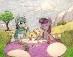 Size: 1366x1068 | Tagged: safe, artist:thefriendlyelephant, derpibooru import, twilight sparkle, oc, oc:grey, earth pony, pony, unicorn, apple, bush, carrot, clothes, cloud, clover, commission, drink, female, fence, food, glass, lettuce, lunch, magic aura, male, mare, mountain, pepper, plate, potted plant, salt, salt and pepper shakers, sandwich, scarf, stallion, straw, table, traditional art, tree