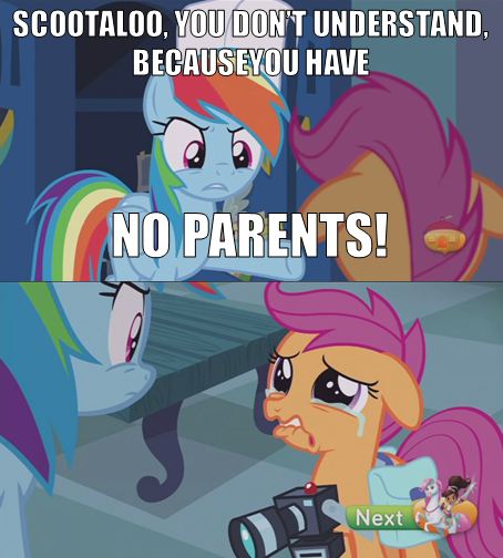 Size: 454x504 | Tagged: safe, derpibooru import, edit, edited screencap, screencap, rainbow dash, scootaloo, pony, parental glideance, abuse, camera, crying, harsher in hindsight, image macro, lip quiver, meme, orphan, ouch, rainbow douche, scootabuse, screencap comic