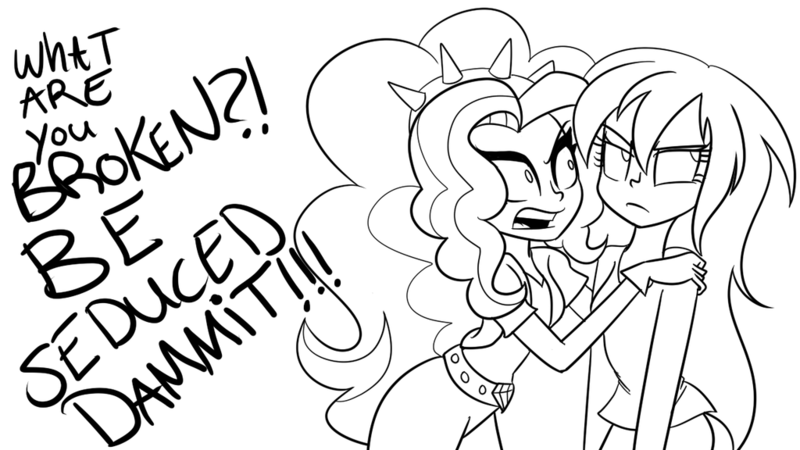 Size: 1024x576 | Tagged: safe, artist:wubcakeva, derpibooru import, adagio dazzle, oc, oc:esbern, equestria girls, rainbow rocks, annoyed, clothes, dialogue, implied lesbian, monochrome, open mouth, simple background, sketch, white background