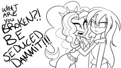 Size: 1024x576 | Tagged: safe, artist:wubcakeva, derpibooru import, adagio dazzle, oc, oc:esbern, equestria girls, rainbow rocks, annoyed, clothes, dialogue, implied lesbian, monochrome, open mouth, simple background, sketch, white background