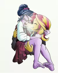 Size: 2202x2778 | Tagged: safe, artist:manifest harmony, derpibooru import, sci-twi, sunset shimmer, twilight sparkle, fanfic:clocktower society, equestria girls, barefoot, bridal carry, carrying, clothes, crystal prep academy uniform, cute, explicit source, fanfic art, feet, female, happy, hug, lesbian, romance, romantic, school uniform, scitwishimmer, shimmerbetes, shipping, sunsetsparkle, twiabetes