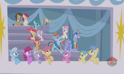 Size: 813x483 | Tagged: safe, derpibooru import, screencap, apple bloom, berry punch, berryshine, bow hothoof, dizzy twister, doctor whooves, goldengrape, linky, orange swirl, pinkie feather, ponet, rainy feather, roseluck, scootaloo, shoeshine, sir colton vines iii, spring melody, sprinkle medley, sweet pop, sweetie belle, time turner, twinkleshine, windy whistles, pony, parental glideance, animated, cheering, cutie mark crusaders, flying, gif, ponies standing next to each other, rainbow dash's parents, windyhoof