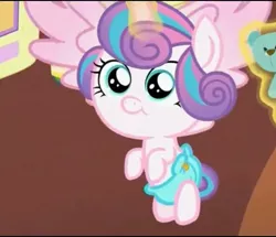 Size: 558x480 | Tagged: safe, derpibooru import, screencap, princess flurry heart, alicorn, pony, a flurry of emotions, baby, cloth diaper, cute, diaper, diaper package, female, filly, flurrybetes, flying, horn, levitation, magic, mare, safety pin, smiling, solo, teddy bear, telekinesis, twilight's castle, wings