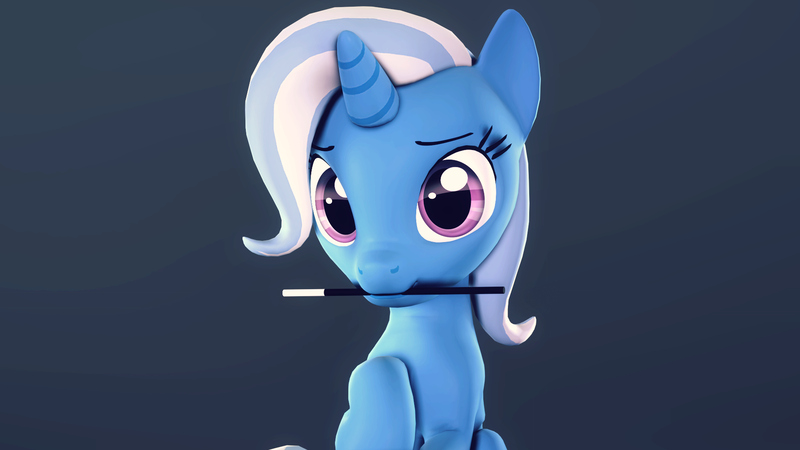 Size: 1920x1080 | Tagged: safe, artist:flushthebatsanta, derpibooru import, trixie, pony, unicorn, 3d, cute, female, magic wand, mare, mouth hold, solo, source filmmaker