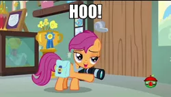 Size: 1280x728 | Tagged: safe, derpibooru import, edit, edited screencap, screencap, scootaloo, pony, mentally advanced series, parental glideance, camera, caption, door, image macro, meme, pointing, saddle bag, solo, treehouse logo