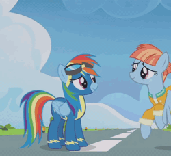 Size: 448x408 | Tagged: safe, derpibooru import, screencap, bow hothoof, rainbow dash, windy whistles, pegasus, pony, parental glideance, animated, clothes, family, father and daughter, female, gif, hug, husband and wife, male, mother and daughter, rainbow dash's parents, uniform, windyhoof, wonderbolts uniform