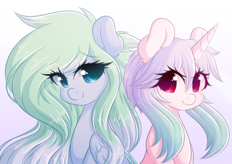 Size: 1280x902 | Tagged: safe, artist:fluffymaiden, derpibooru import, oc, oc:amaranthine sky, oc:reverie, unofficial characters only, pegasus, pony, unicorn, colored pupils, cute, female, gradient background, lesbian, looking at each other, mare, oc x oc, ocbetes, shipping