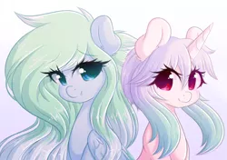 Size: 1280x902 | Tagged: safe, artist:fluffymaiden, derpibooru import, oc, oc:amaranthine sky, oc:reverie, unofficial characters only, pegasus, pony, unicorn, colored pupils, cute, female, gradient background, lesbian, looking at each other, mare, oc x oc, ocbetes, shipping