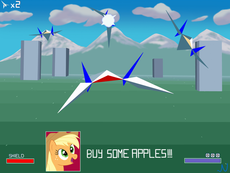 Size: 3300x2480 | Tagged: safe, artist:nuka-kitty, derpibooru import, applejack, pony, apple, arwing, buy some apples, nintendo, star fox, super nintendo, that pony sure does love apples