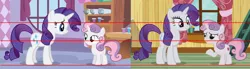 Size: 1999x550 | Tagged: safe, derpibooru import, screencap, rarity, sweetie belle, pony, forever filly, season 2, season 7, comparison, continuity, cutie mark, female, filly, size difference, the cmc's cutie marks, they grow up so fast