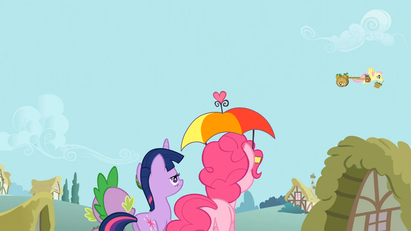 Size: 1365x768 | Tagged: safe, derpibooru import, screencap, fluttershy, pinkie pie, twilight sparkle, frog, pony, feeling pinkie keen, cart, flying, hat, umbrella hat