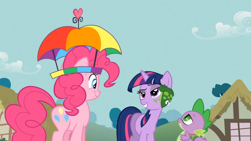 Size: 1365x768 | Tagged: derpibooru import, dragon, feeling pinkie keen, frog, hat, lidded eyes, pinkie pie, safe, screencap, spike, twilight sparkle, umbrella hat