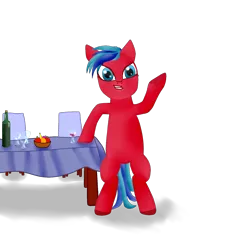 Size: 1676x1769 | Tagged: safe, artist:reaventale, derpibooru import, oc, unofficial characters only, pony, alcohol, apple, basket, bipedal, bipedal leaning, blue eyes, chair, digital art, dinner, food, fruit, glass, hooves, hooves up, leaning, restaurant, short hair, simple background, solo, standing, table, tail, transparent background, tumblr, wine, wine glass