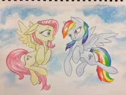 Size: 1024x768 | Tagged: safe, artist:grokostimpy, derpibooru import, fluttershy, rainbow dash, pegasus, pony, cloud, colored pupils, duo, female, flutterdash, lesbian, looking at each other, mare, notebook, shipping, sky, smiling, traditional art