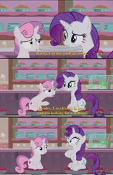 Size: 1920x2971 | Tagged: safe, derpibooru import, edit, edited screencap, screencap, rarity, sweetie belle, pony, unicorn, forever filly, cutie mark, dialogue, estrus, eye contact, female, filly, frown, gasp, horny, looking at each other, mare, open mouth, raised eyebrow, screencap comic, shocked, shocked expression, sitting, smiling, stool, text, the cmc's cutie marks, treehouse logo, underhoof, wide eyes