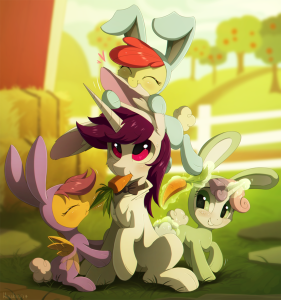 Size: 1199x1280 | Tagged: safe, artist:hioshiru, derpibooru import, apple bloom, scootaloo, sweetie belle, oc, oc:lapush buns, bunnycorn, earth pony, pegasus, pony, rabbit, unicorn, adorabloom, animal costume, barn, biting, blushing, bowtie, bunny costume, bunny ears, carrot, carrot in mouth, chromatic aberration, clothes, costume, cute, cutealoo, cutie mark crusaders, diasweetes, ear bite, easter, easter bunny, eyes closed, female, filly, food, heart, holiday, magic, male, mare, stallion, starry eyes, sweet apple acres, telekinesis, weapons-grade cute, wingding eyes, wings