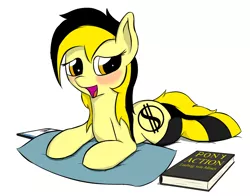 Size: 1024x804 | Tagged: safe, artist:czaroslaw, derpibooru import, oc, oc:leslie fair, unofficial characters only, pony, /mlpol/, anarcho-capitalism, blushing, book, female, mare, open mouth, pillow, solo, tablet