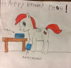 Size: 467x447 | Tagged: safe, artist:tophxomi, derpibooru import, oc, oc:phoe, unofficial characters only, pegasus, pony, arm cannon, birthday, birthday cake, birthday gift, cake, cannon, food, megaman, solo, table, traditional art