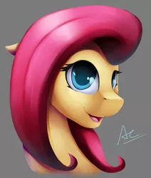 Size: 1967x2320 | Tagged: safe, artist:ac-whiteraven, derpibooru import, fluttershy, pony, bust, colored pupils, cute, female, floppy ears, gray background, looking at you, mare, open mouth, shyabetes, simple background, smiling, solo