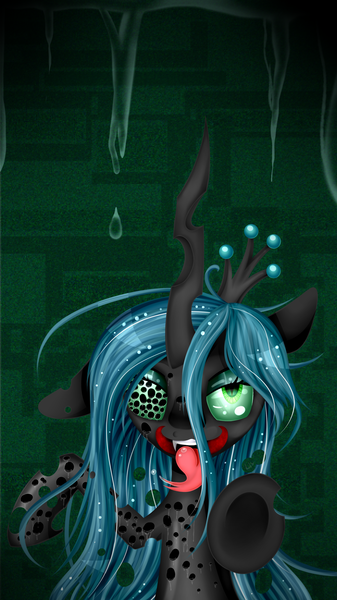 Size: 1861x3309 | Tagged: grimdark, artist:lixthefork, derpibooru import, queen chrysalis, solo, tongue out, trypophobia