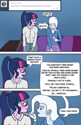 Size: 850x1300 | Tagged: safe, artist:deltalima, derpibooru import, sci-twi, trixie, twilight sparkle, equestria girls, alternate hairstyle, clothes, dialogue, female, glasses, imminent sex, language, lesbian, sci-twixie, shipping, twixie