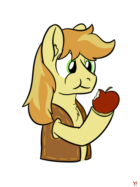 Size: 1280x1707 | Tagged: safe, artist:yakoshi, derpibooru import, braeburn, pony, apple, braebetes, chest fluff, cute, ear fluff, eating, food, hatless, hoof hold, missing accessory, simple background, solo, white background
