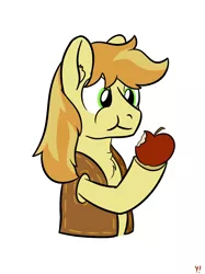 Size: 1280x1707 | Tagged: safe, artist:yakoshi, derpibooru import, braeburn, pony, apple, braebetes, chest fluff, cute, ear fluff, eating, food, hatless, hoof hold, missing accessory, simple background, solo, white background