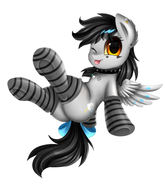 Size: 2550x2850 | Tagged: safe, artist:pridark, derpibooru import, oc, oc:lightning dee, unofficial characters only, pegasus, pony, bow, bracelet, choker, clothes, commission, dyed mane, ear fluff, ear piercing, earring, female, flying, frog (hoof), jewelry, makeup, mare, necklace, one eye closed, piercing, plot, simple background, socks, solo, spiked choker, spread wings, striped socks, tail bow, tongue out, transparent background, underhoof, wing fluff, wings, wink, ych result