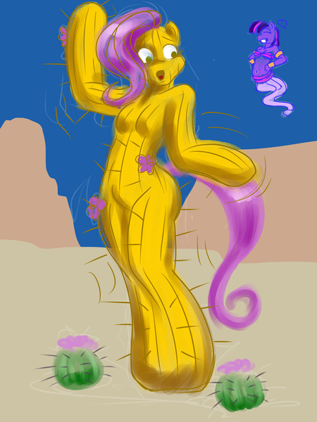 Size: 1125x1500 | Tagged: anthro, artist:bastianmage, cactus, cactus pony, derpibooru import, fluttershy, fluttertree, genie, open mouth, plant tf, safe, transformation, twilight sparkle