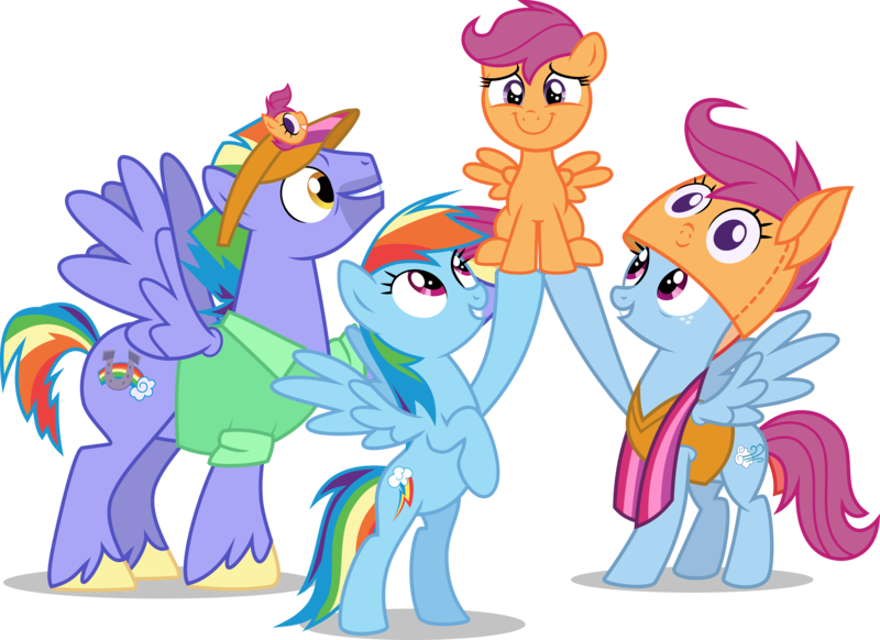 Size: 8500x6187 | Tagged: safe, artist:limedazzle, derpibooru import, bow hothoof, rainbow dash, scootaloo, windy whistles, pegasus, pony, parental glideance, absurd resolution, clothes, cute, cutealoo, family, female, filly, male, mare, multicolored hair, rainbow dash's parents, scootalove, simple background, stallion, transparent background, vector, windyhoof