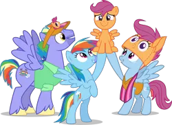 Size: 8500x6187 | Tagged: safe, artist:limedazzle, derpibooru import, bow hothoof, rainbow dash, scootaloo, windy whistles, pegasus, pony, parental glideance, absurd resolution, clothes, cute, cutealoo, family, female, filly, male, mare, multicolored hair, rainbow dash's parents, scootalove, simple background, stallion, transparent background, vector, windyhoof