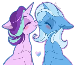 Size: 1081x918 | Tagged: safe, artist:esmeia, derpibooru import, starlight glimmer, trixie, pony, unicorn, blushing, boop, ear fluff, eyes closed, female, floppy ears, heart, lesbian, mare, noseboop, nuzzling, shipping, signature, simple background, smiling, startrix, transparent background