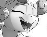 Size: 183x145 | Tagged: safe, artist:pusspuss, derpibooru import, edit, sweetie belle, pony, black and white, cropped, cute, diasweetes, eyes closed, grayscale, meme, meme face, monochrome, open mouth, singing, solo