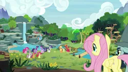 Size: 1920x1090 | Tagged: safe, derpibooru import, screencap, apple bloom, applejack, big daddy mccolt, big macintosh, fluttershy, pinkie pie, rainbow dash, rarity, scootaloo, spike, starlight glimmer, sweetie belle, twilight sparkle, twilight sparkle (alicorn), alicorn, dragon, pony, fluttershy leans in, cart, cutie mark crusaders, hammock, male, mane seven, mane six, mccolt family, plot, stallion, sweet feather sanctuary, tire swing, waterfall