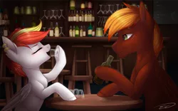 Size: 3473x2162 | Tagged: safe, artist:doekitty, derpibooru import, oc, oc:sunny flare, unofficial characters only, pegasus, pony, alcohol, bar, blushing, bottle, commission, cup, dexterous hooves, drinking, duo, ear piercing, earring, eyes closed, father and daughter, female, glass, jewelry, male, mare, piercing, smiling, stallion, stool, underhoof