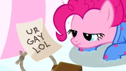 Size: 2560x1440 | Tagged: safe, artist:dwk, derpibooru import, edit, edited screencap, screencap, pinkie pie, pony, totally legit recap, rock solid friendship, bed, bell, clothes, cowbell, note, pajamas, paper, solo