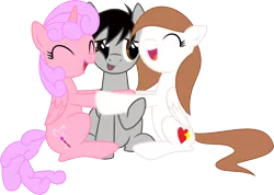 Size: 2815x2000 | Tagged: safe, artist:audiobeatzz, derpibooru import, oc, oc:mable, oc:pinkie brush, unnamed oc, unofficial characters only, alicorn, pegasus, pony, eyes closed, female, group hug, high res, hug, male, mare, simple background, sitting, stallion, transparent background, vector