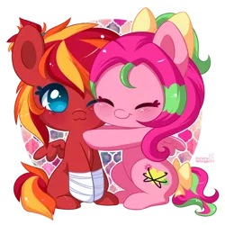 Size: 600x600 | Tagged: safe, artist:exceru-karina, derpibooru import, oc, oc:fire strike, oc:precious metal, unofficial characters only, pegasus, pony, :3, bandage, bow, colored pupils, commission, cute, eyes closed, female, hair bow, hnnng, hug, mare, ocbetes, one eye closed