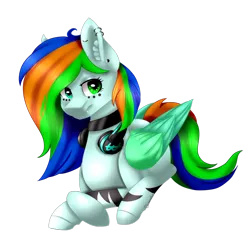 Size: 1024x976 | Tagged: safe, artist:dimmed36, derpibooru import, oc, oc:andri dash klor, unofficial characters only, pegasus, pony, art trade, choker, female, headphones, heterochromia, mare, piercing, prone, simple background, solo, transparent background