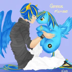 Size: 1000x1000 | Tagged: safe, artist:yahijustlovedragons, derpibooru import, oc, oc:general mumble, unofficial characters only, human, pegasus, pony, eared humanization, holding a pony, humanized, self ponidox, winged humanization, wings