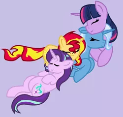 Size: 972x924 | Tagged: safe, artist:midnightamber, derpibooru import, starlight glimmer, sunset shimmer, trixie, twilight sparkle, twilight sparkle (alicorn), alicorn, pony, unicorn, cuddling, eyes closed, female, floppy ears, group, lying down, magical quartet, mare, purple background, resting, simple background, smiling, snuggling