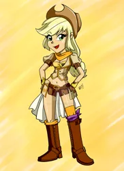 Size: 1024x1408 | Tagged: safe, artist:rio-mccarthy, derpibooru import, applejack, equestria girls, appleyang, belly button, boots, clothes, crossover, midriff, rwby, shorts, solo, vest, watermark, yang xiao long