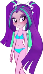 Size: 1346x2266 | Tagged: suggestive, derpibooru import, edit, editor:astroboy84, aria blaze, equestria girls, rainbow rocks, blue underwear, blushing, bra, breasts, cleavage, clothes, cute, female, long hair, panties, pigtails, pretty, sexy, simple background, solo, solo female, transparent background, underwear, underwear edit, vector
