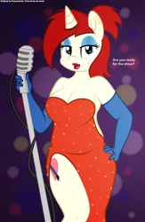 Size: 3120x4800 | Tagged: suggestive, artist:an-tonio, artist:pananovich, color edit, derpibooru import, edit, oc, oc:silver draw, unofficial characters only, anthro, unicorn, absurd resolution, breasts, clothes, colored, dress, ear piercing, evening gloves, female, freckles, gloves, jessica rabbit, lipstick, long gloves, mela, microphone, piercing, solo, solo female