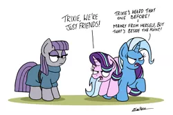 Size: 2141x1425 | Tagged: safe, artist:bobthedalek, derpibooru import, maud pie, starlight glimmer, trixie, earth pony, pony, unicorn, rock solid friendship, comic, dialogue, female, implied lesbian, implied shipping, implied startrix, inconvenient trixie, mare, ponies riding ponies, raised hoof, simple background, starlight is not amused, trio, unamused, white background