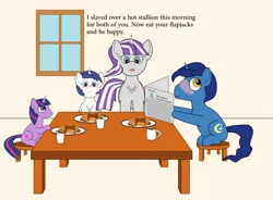 Size: 3959x2909 | Tagged: suggestive, artist:planetkiller, derpibooru import, night light, shining armor, trixie, twilight sparkle, twilight velvet, pony, unicorn, abimore, banjo tooie, blushing, coffee, female, food, innuendo, mare, milk, morning after, morning ponies, mumbo jumbo, newspaper, pancakes, stool, table, text, unicorn twilight