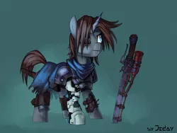 Size: 2000x1500 | Tagged: safe, artist:jedayskayvoker, derpibooru import, oc, unofficial characters only, pony, unicorn, blue eyes, clothes, female, mare, one eye closed, prosthetics, robotic legs, scar, simple background, solo, sword, weapon